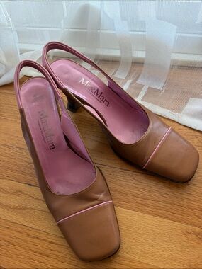 MaxMara Vintage Brown Leather Slingback Pumps with Pink Accents, Sz: 6.5